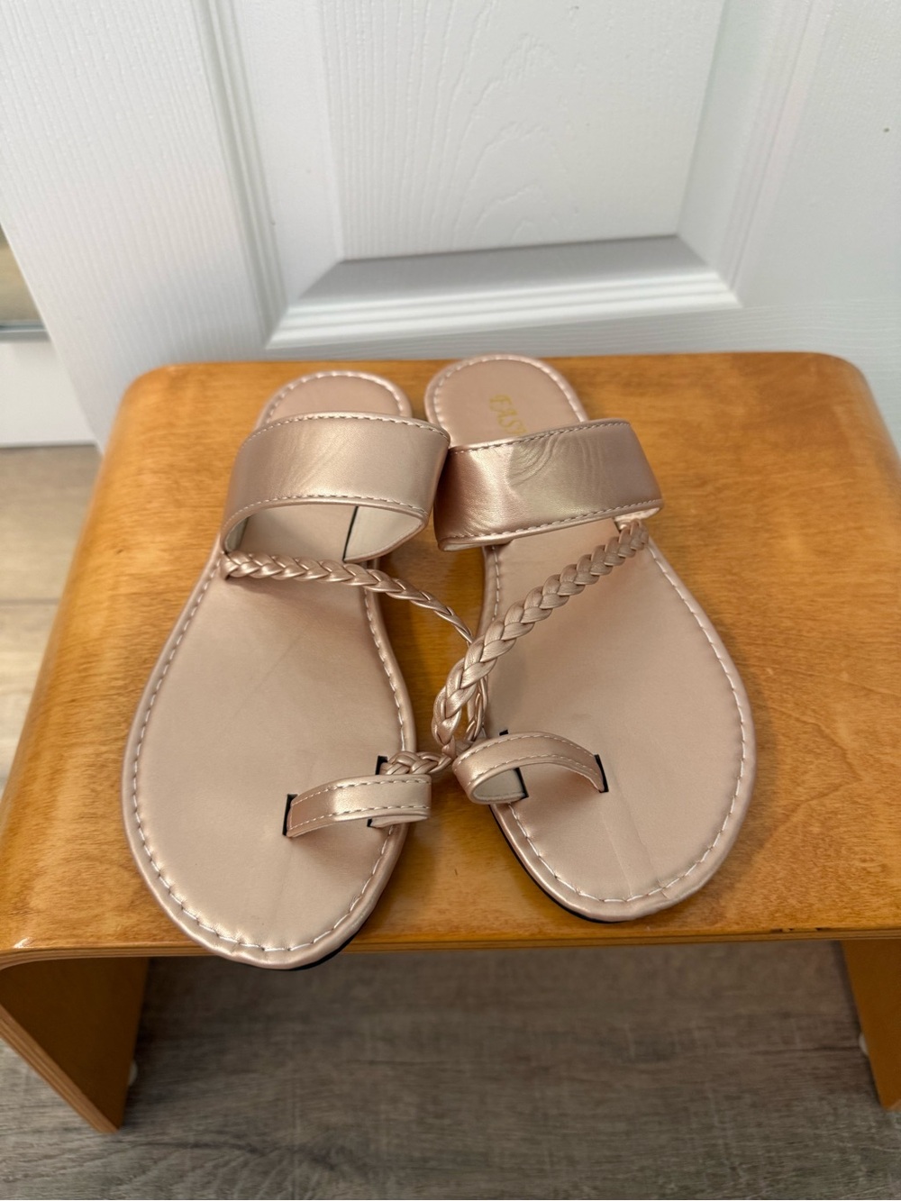 Metallic Rose Gold Braided Toe-Loop Women’s Sandals